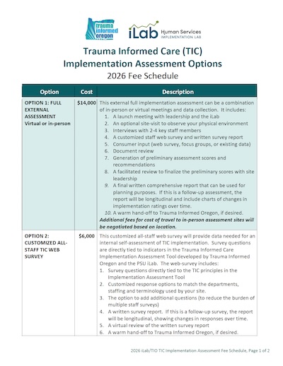 Trauma Informed Care Assessment Fee Schedule updated in 2026