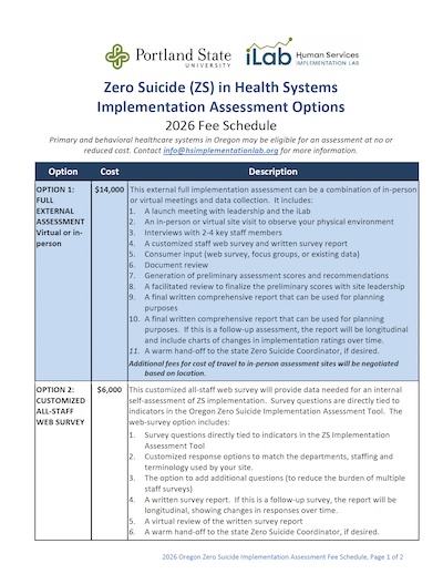 Zero Suicide Assessment Fee Schedule